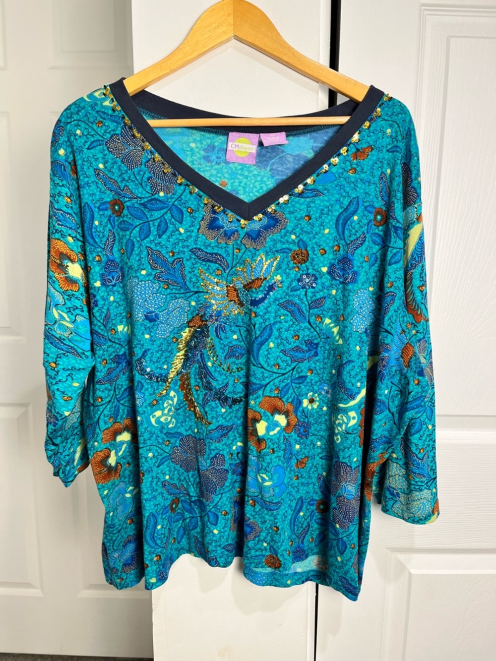 Vintage CM Shapes Peacock Shirt 3/4th Sleeves Bling Sequins Artsy Vacation 2X